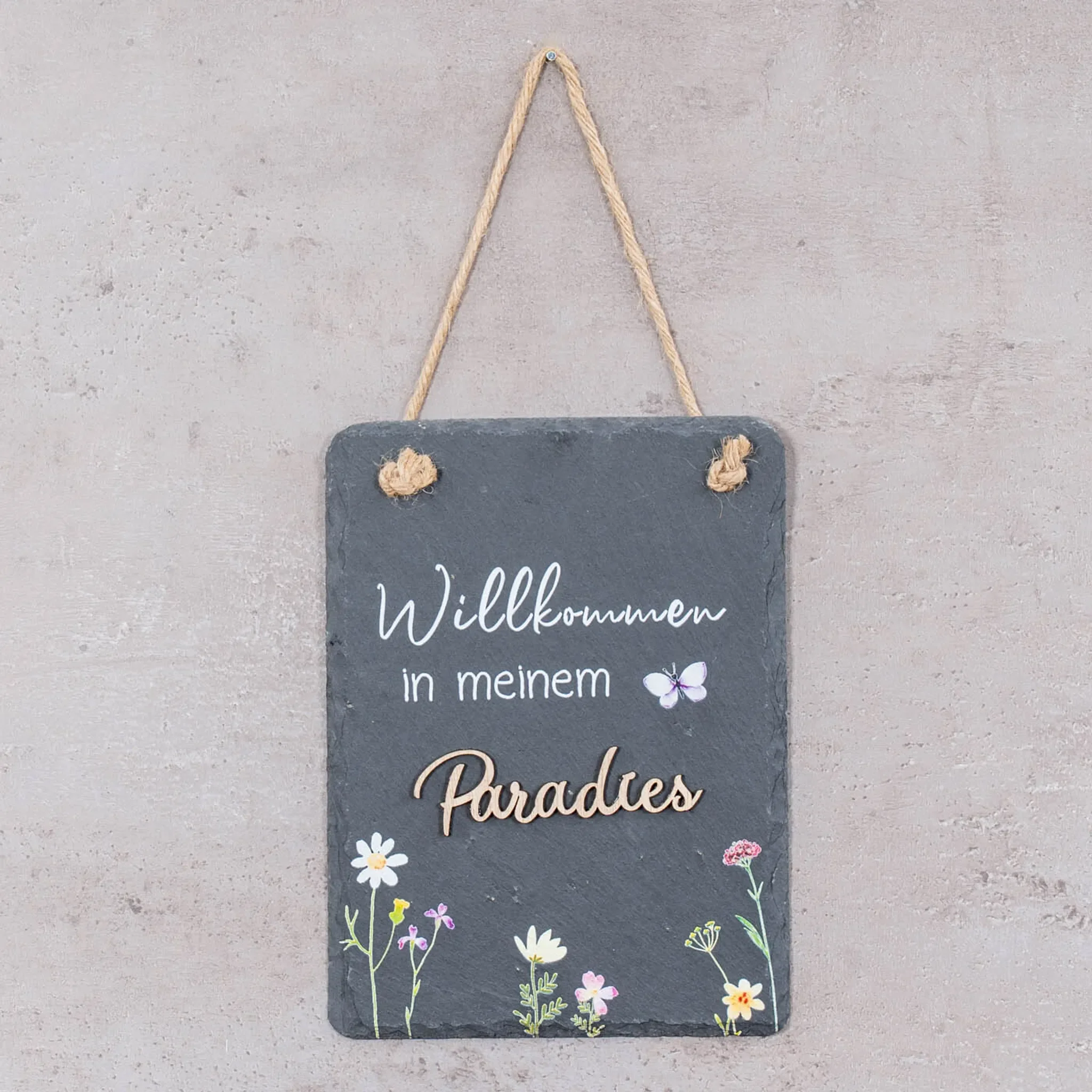 Schiefertafel „Willkommen in meinem Paradies“ – 15 × 20 cm